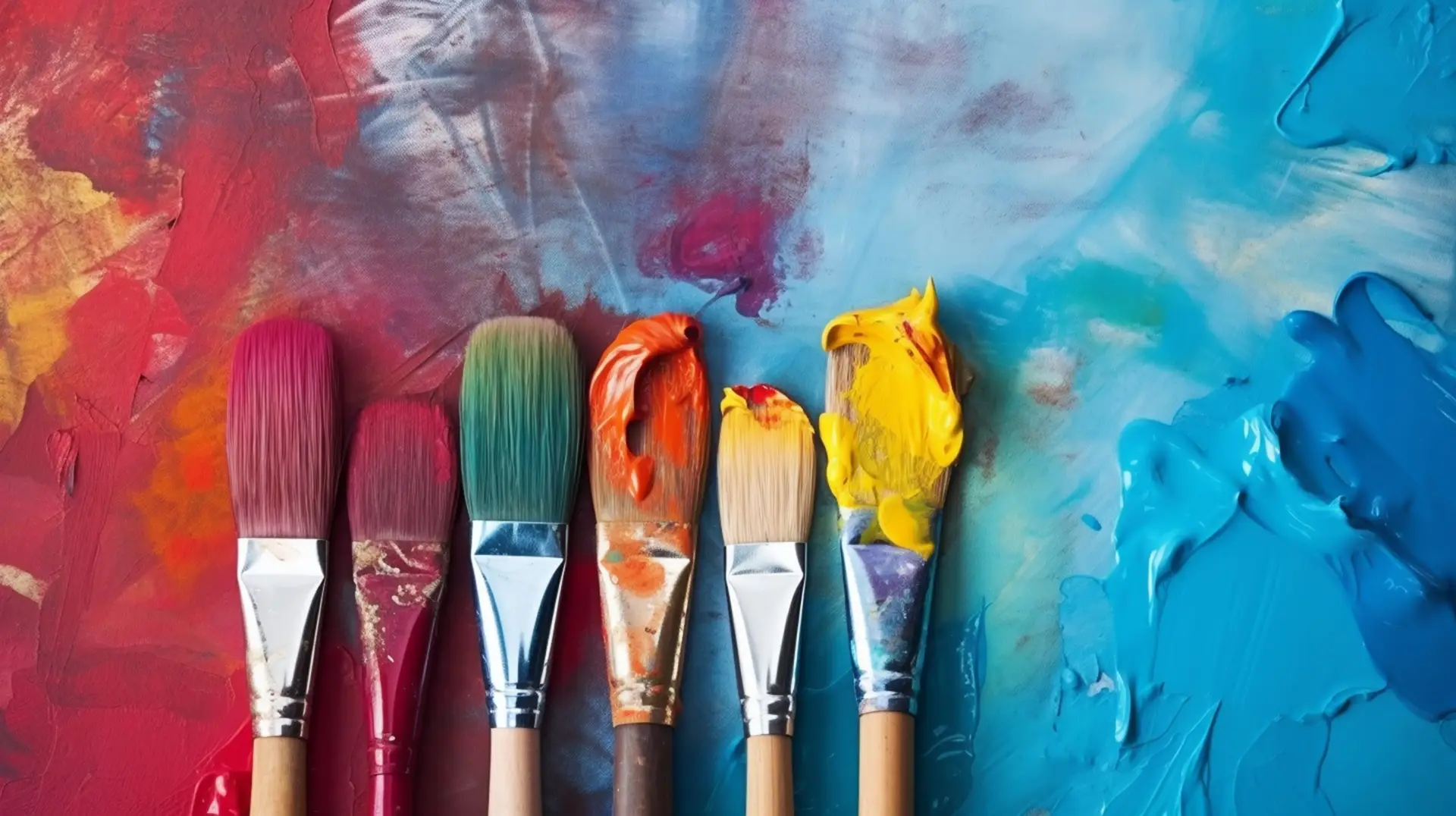 Blank canvas with oil paint and brush flat lay. Professional painter workplace flat lay. Artist's equipment assortment background. Drawing lessons, art school, young painter, creativity, DIY concept